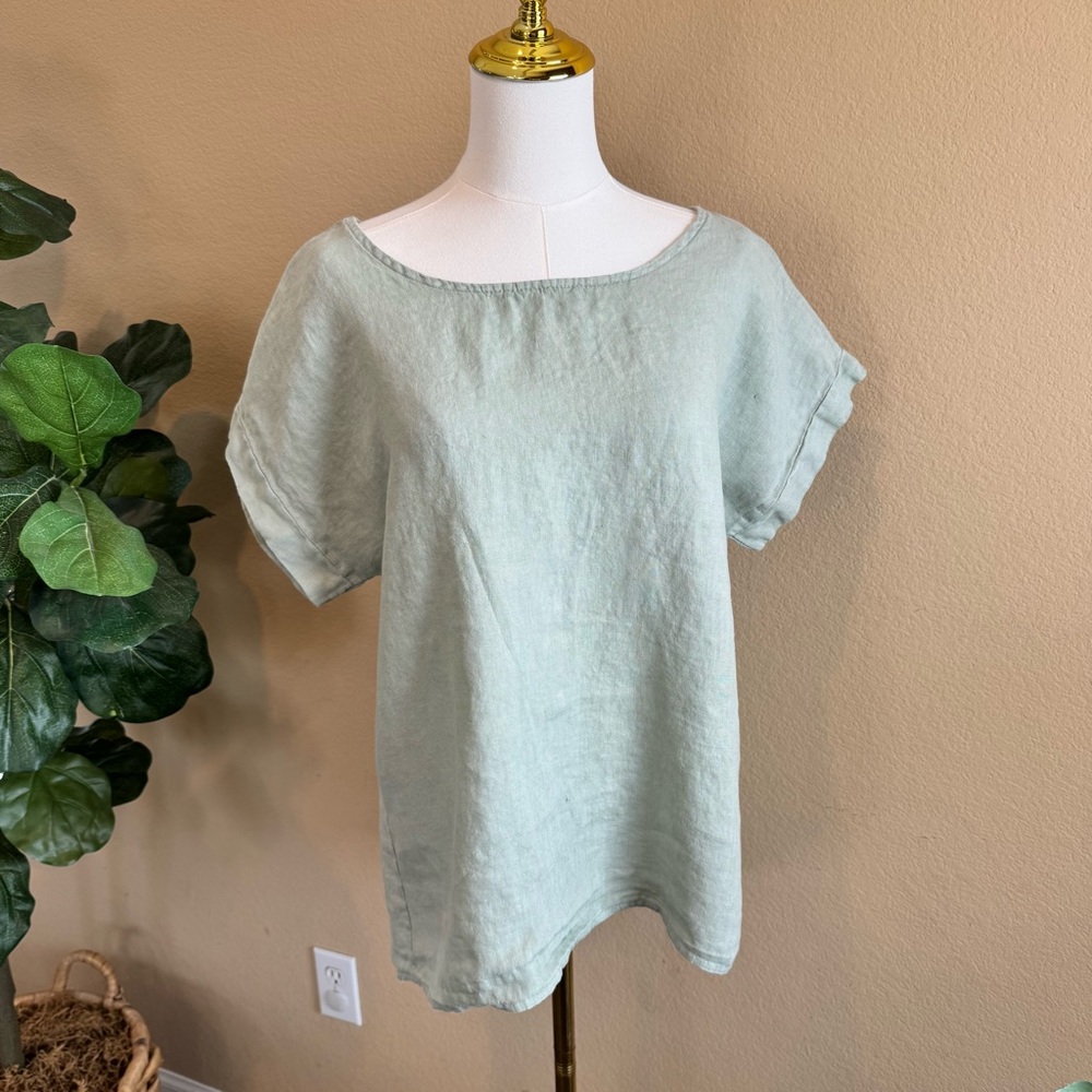 Terzo Millennio Italy 100% Linen Top Womens S Sage Green Short Sleeve Relax Boho